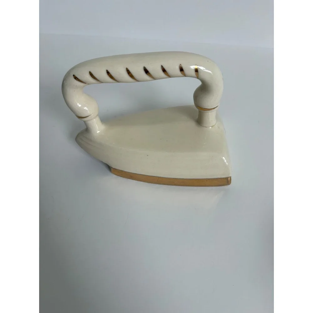 Vintage Ceramic Cherry Flat Iron Vase Planter Gold Trim Cream Retro Decor